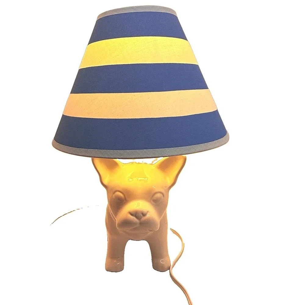 French Bulldog Table Lamp White Ceramic Dog Blue White Striped Shade 15
